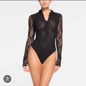 SKIMS Black Stretch Lace Thong Bodysuit